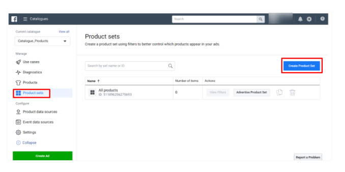 The first step is creating a product set.