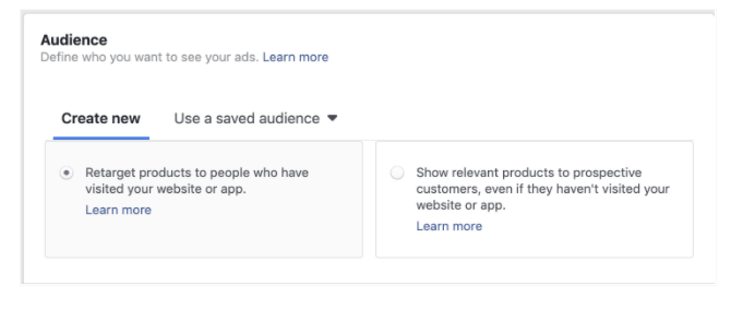 Choose your audience for Facebook Dynamic Ads. It is recommended to initiate with a broad audience.